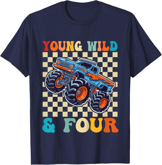 4th Birthday Monster Truck Young Wild and Four 4 Year Old T-Shirt - T-Shirt | Navy