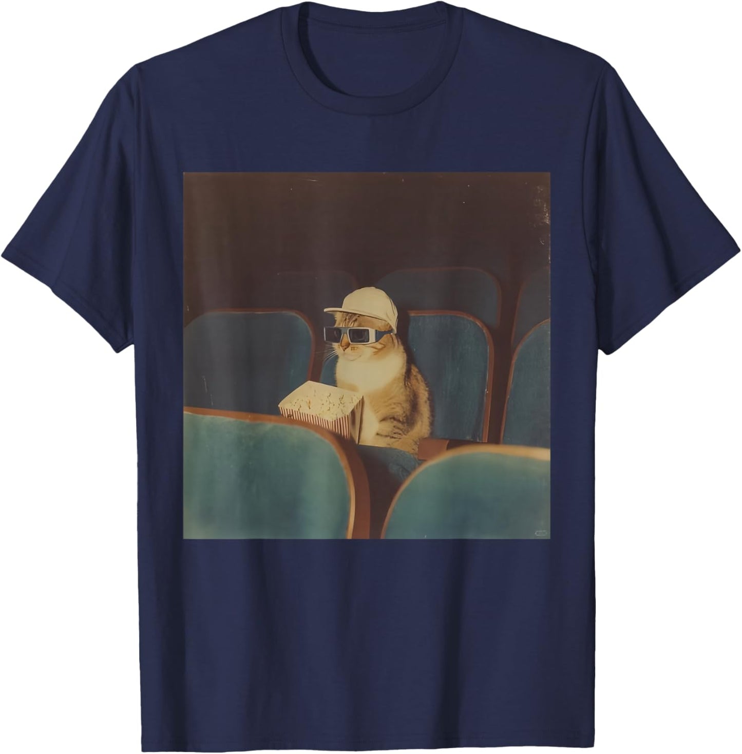 Funny Cat Movie Night Kitten Cinema Aesthetic Retro Vintage T-Shirt - T-Shirt | Navy