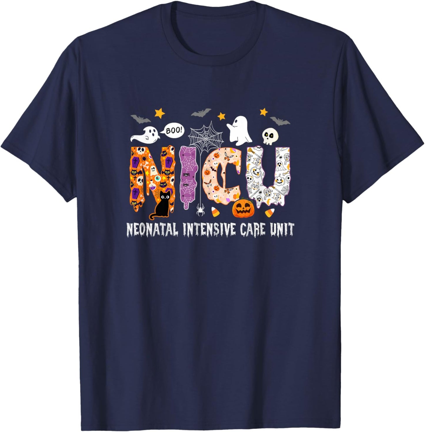 Nicu Nurse Halloween Spooky Ghose Neonatal Intensive Care T-Shirt - T-Shirt | Navy