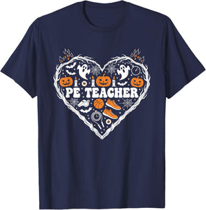 PE Teacher Heart Pumpkin Ghost Halloween Kids T-Shirt - T-Shirt | Navy