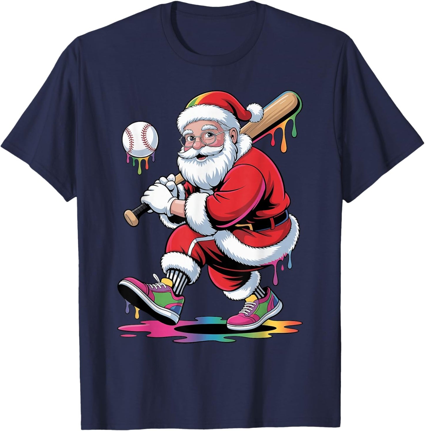 Funny Baseball Christmas Santa Claus Batter Baseball Drip T-Shirt - T-Shirt | Navy