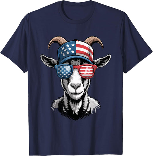 USA Flag Goat Sunglasses 4th of July Fun American Goat T-Shirt - T-Shirt | Navy