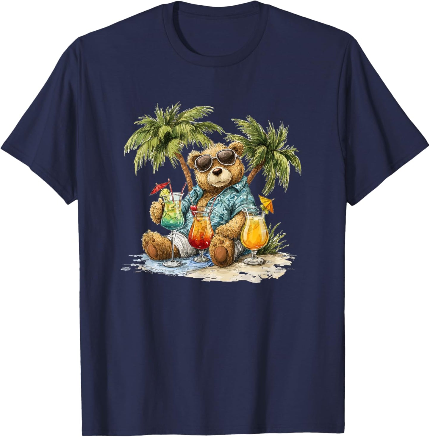 Teddy Bear Under Palm Trees with Cocktails and Beach T-Shirt - T-Shirt | Navy