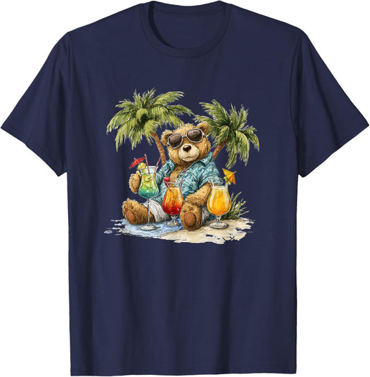 Teddy Bear Under Palm Trees with Cocktails and Beach T-Shirt - T-Shirt | Navy