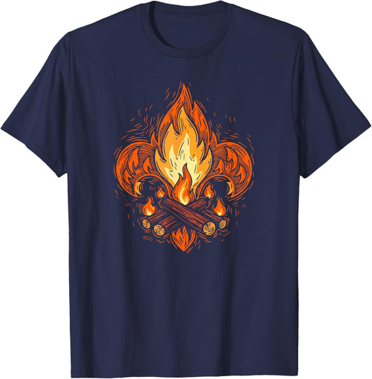Campfire Fleur-De-Lis Abstract Scouting Logo Art T-Shirt - T-Shirt | Navy