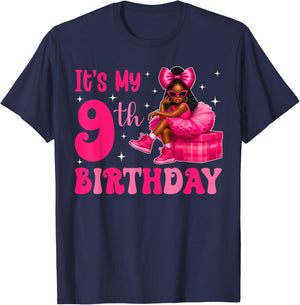 It's My 9th Birthday Bow 9 Years Old Black Girl Afro Kid T-Shirt - T-Shirt | Navy