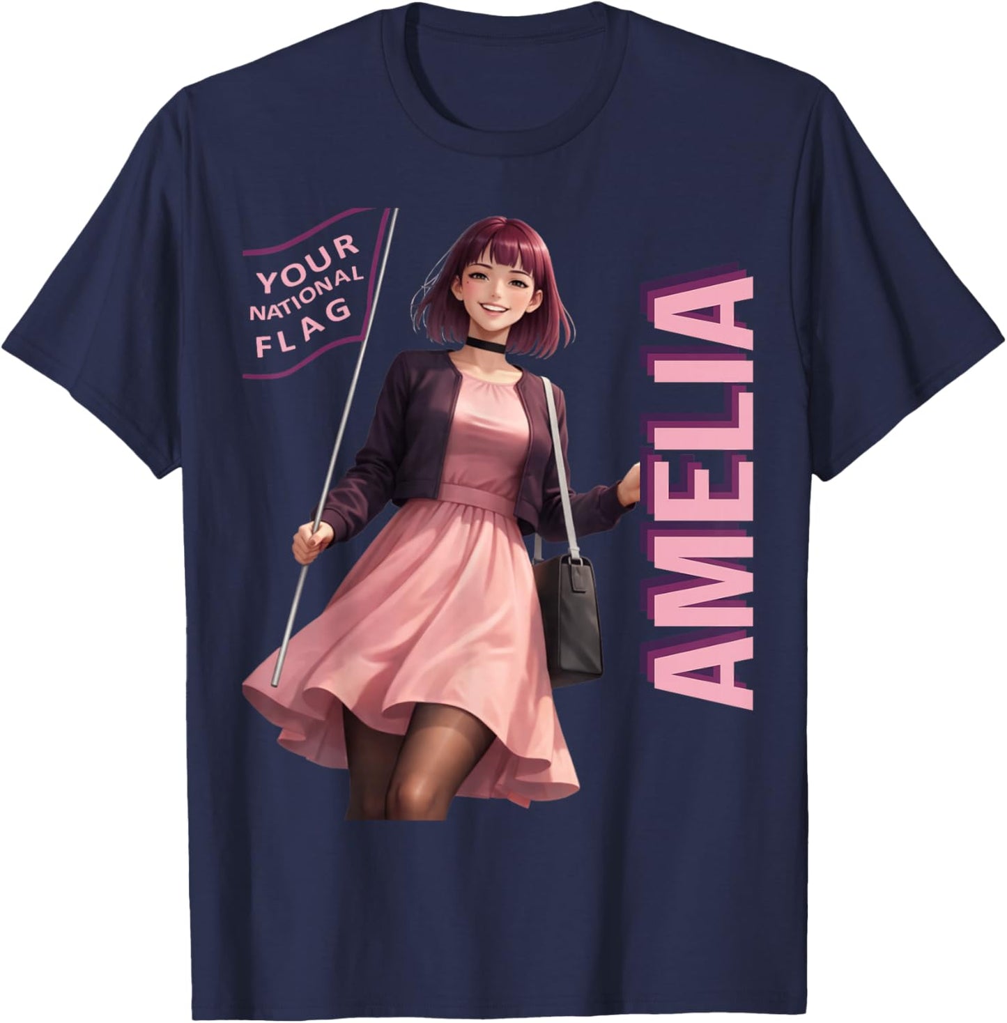 Amelia Kawaii Anime Character Purple Internet Aesthetic Meme T-Shirt - T-Shirt | Navy