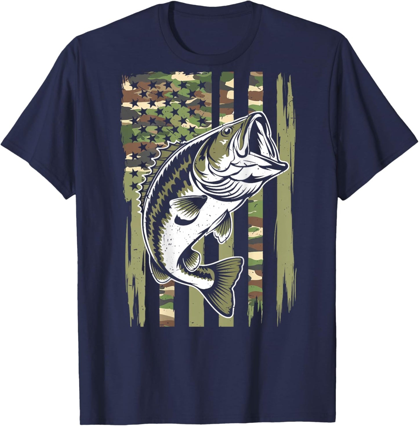 Youth Camo Fishing Bass Fish American Flag Patriotic Men Boy T-Shirt - T-Shirt | Navy