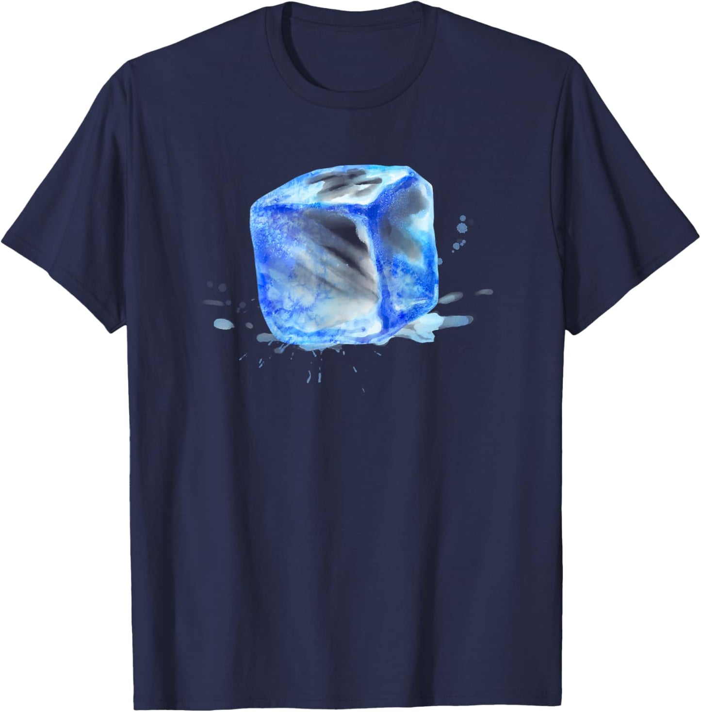 Cute Ice Cube with Splashes Watercolor Painting (On Back) T-Shirt - T-Shirt | Navy