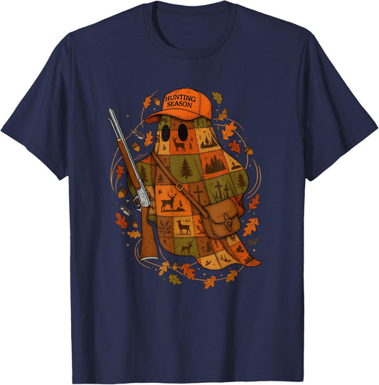 Camo Hunting Season Ghost Patchwork Halloween Autumn Fall T-Shirt - T-Shirt | Navy