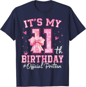 It's My 11th Birthday Girl Official Preteen Pink Bow Family T-Shirt - T-Shirt | Navy