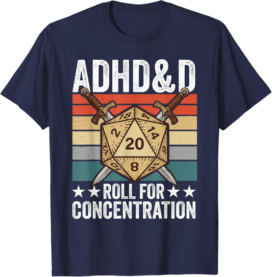 Retro Vintage ADHD&D Roll for Concentration Funny Gamer T-Shirt - T-Shirt | Navy