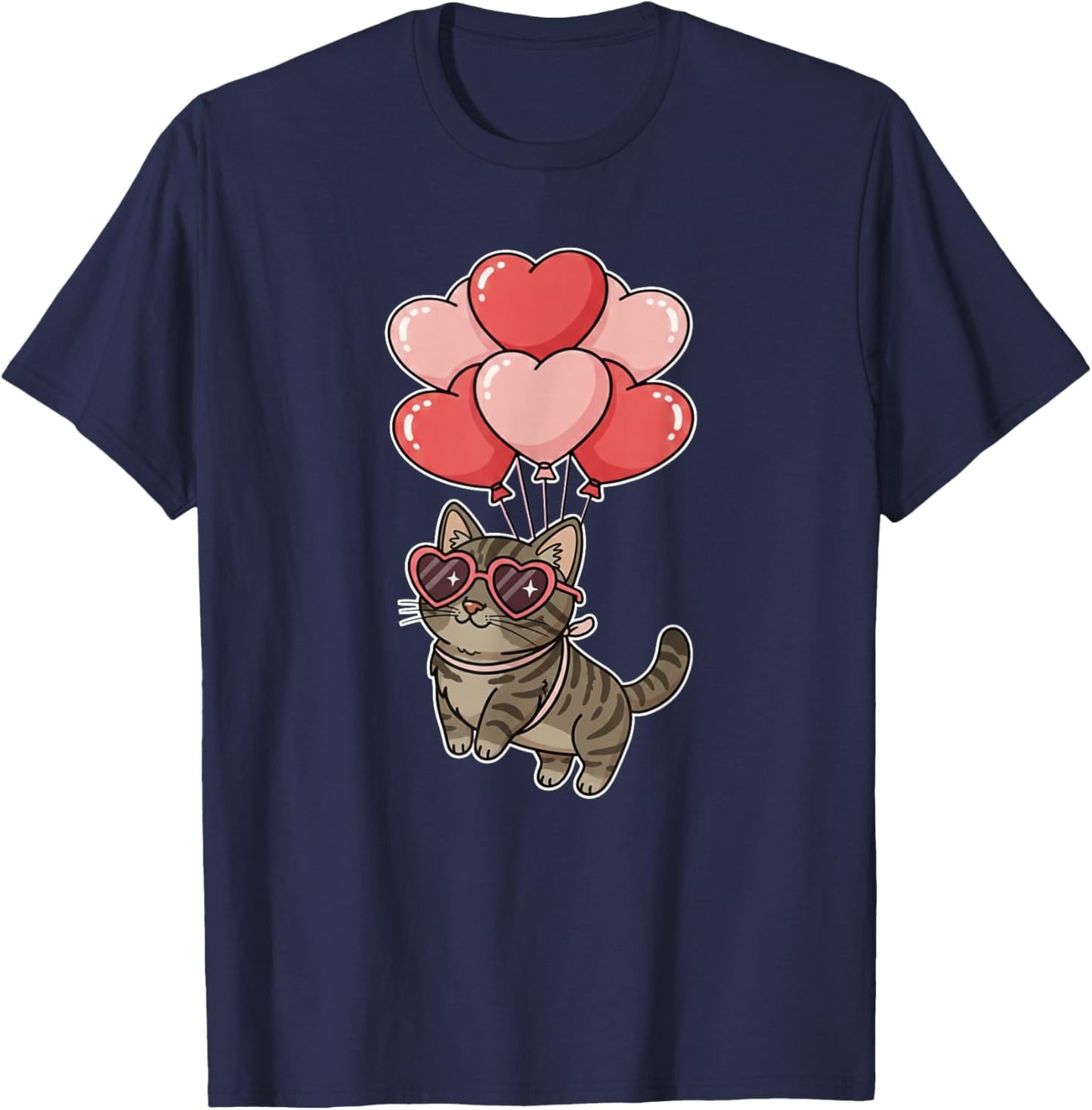 Girls Valentines Day Heart Balloons Brown Tabby Cat T-Shirt - T-Shirt | Navy