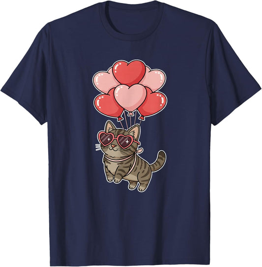 Girls Valentines Day Heart Balloons Brown Tabby Cat T-Shirt - T-Shirt | Navy