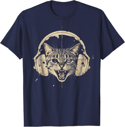 Cat Headphones Funny y2k Grunge Silly Graphic Music T-Shirt - T-Shirt | Navy