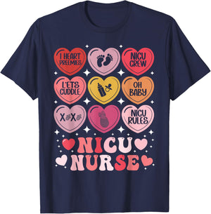NICU Nurse Valentine's Day Neonatal Nursing Hearts Candy T-Shirt - T-Shirt | Navy