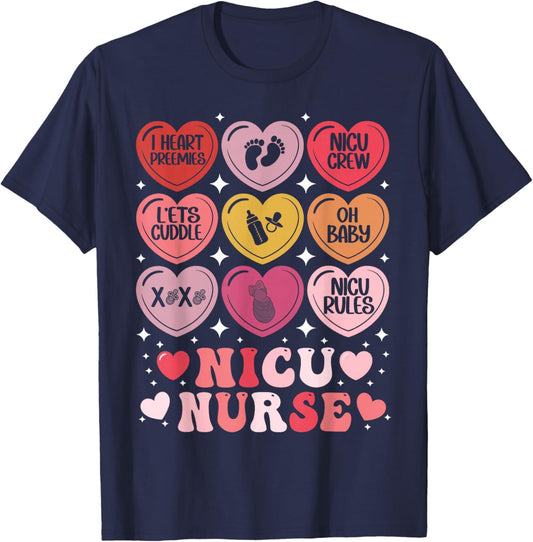 NICU Nurse Valentine's Day Neonatal Nursing Hearts Candy T-Shirt - T-Shirt | Navy