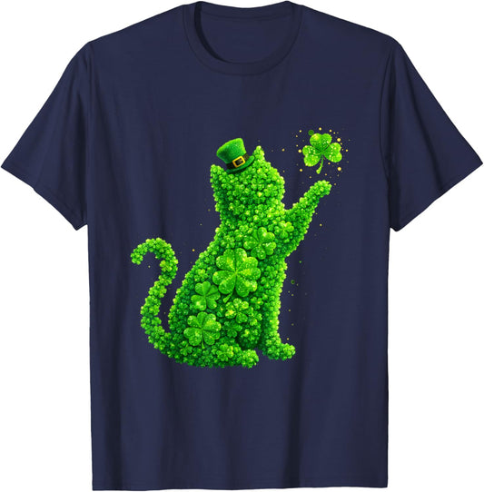 St Patricks Day Lucky Shamrock Cat Irish Leprechaun Hat T-Shirt - T-Shirt | Navy