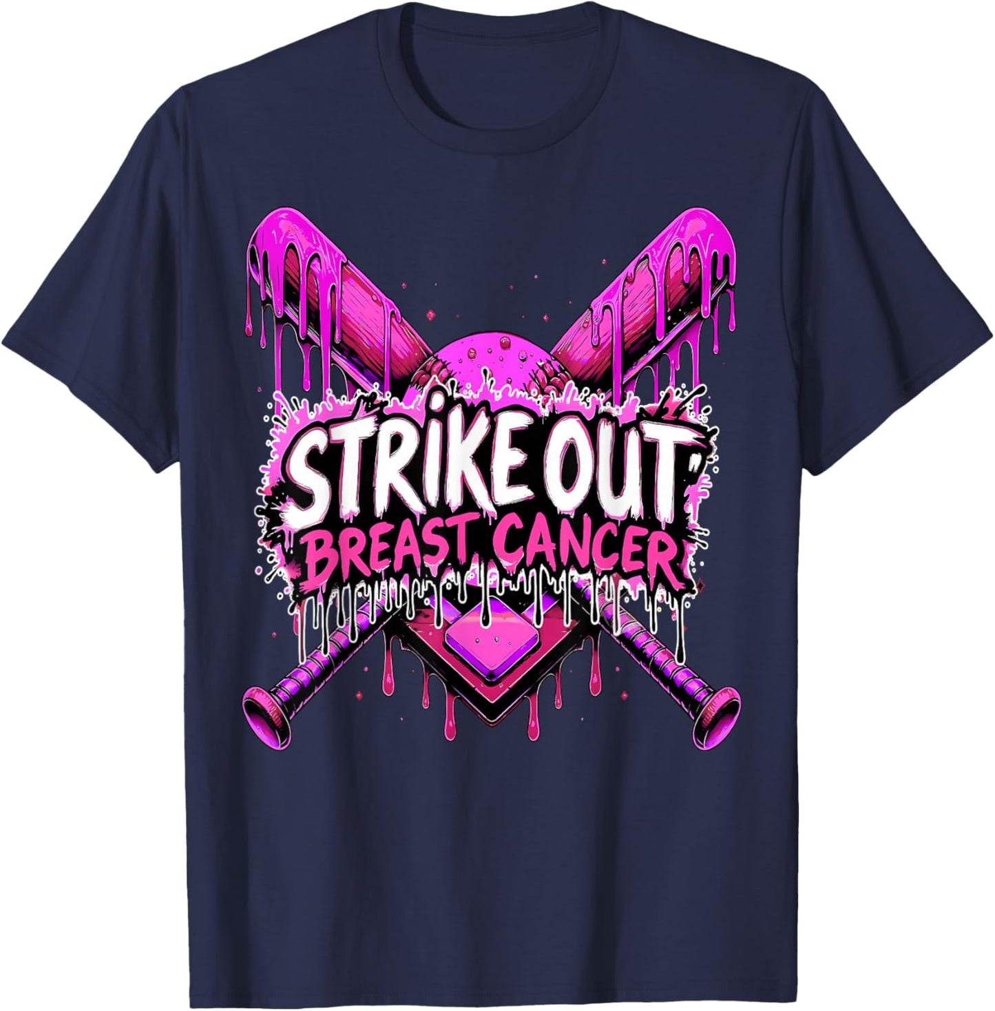 Strike Out Breast Cancer Baseball Softball Drip Home Plate T-Shirt - T-Shirt | Navy