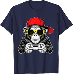 Cool Gamer Monkey with Controller Funny Gaming Video Game T-Shirt - T-Shirt | Navy