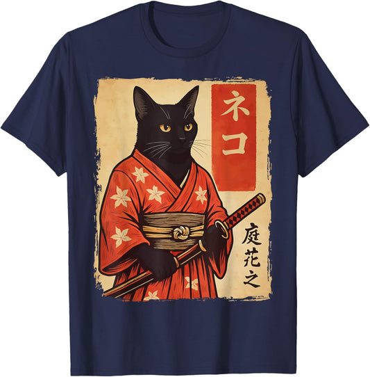 Cat Samurai Vintage Japanese Warrior T-Shirt - T-Shirt | Navy