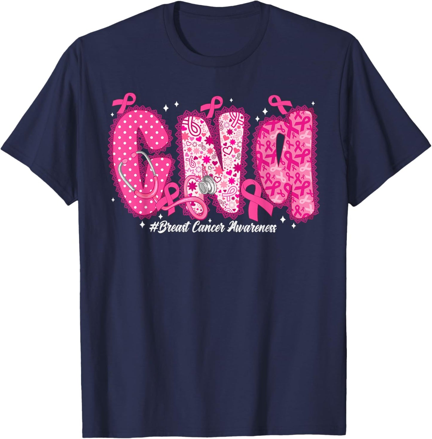 in October We Wear Pink CNA Nurse Breast Cancer Awareness T-Shirt - T-Shirt | Navy
