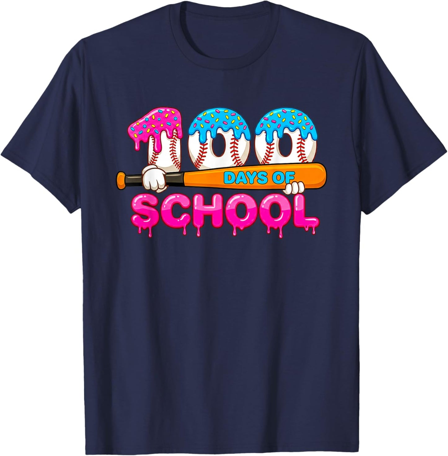 100 Days of School Baseball Ice Cream Drip for Teacher Kid T-Shirt - T-Shirt | Navy