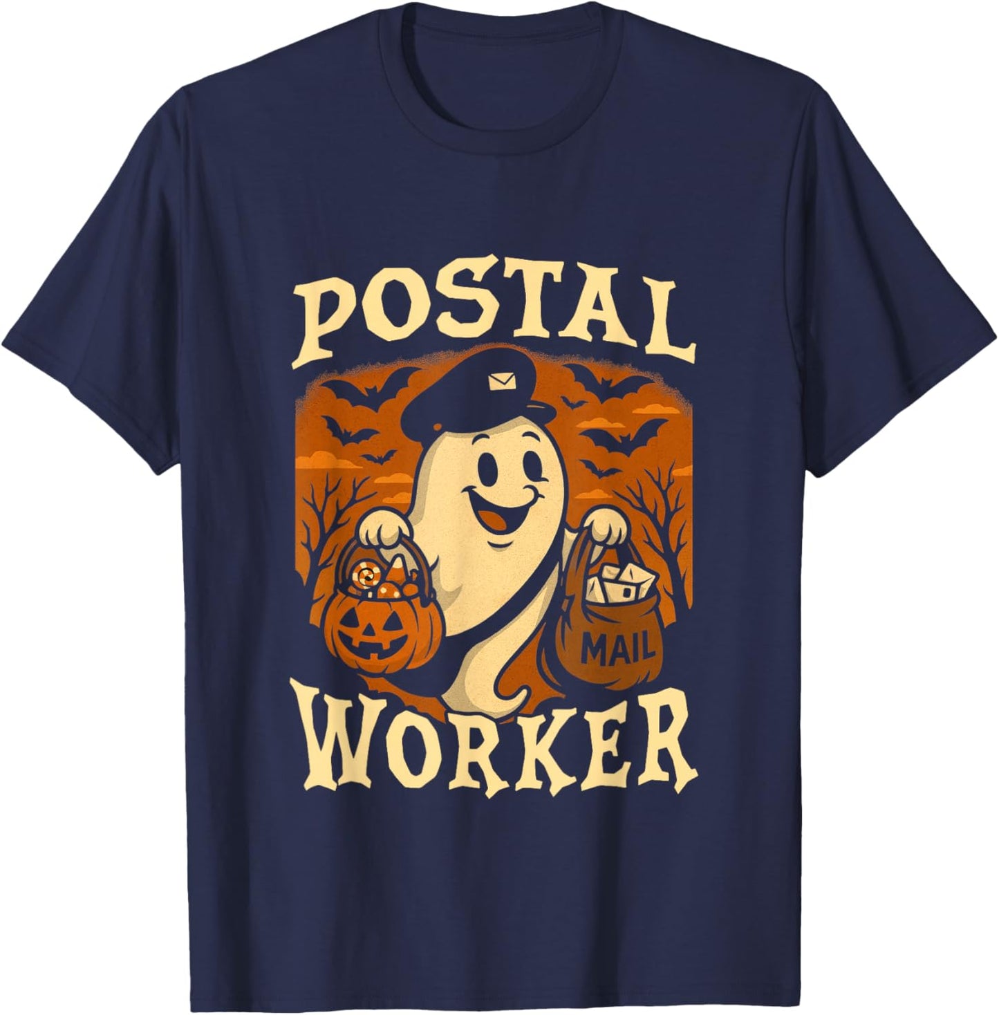 Postal Worker Phumpkin Post Office Staff Ghost Halloween T-Shirt - T-Shirt | Navy