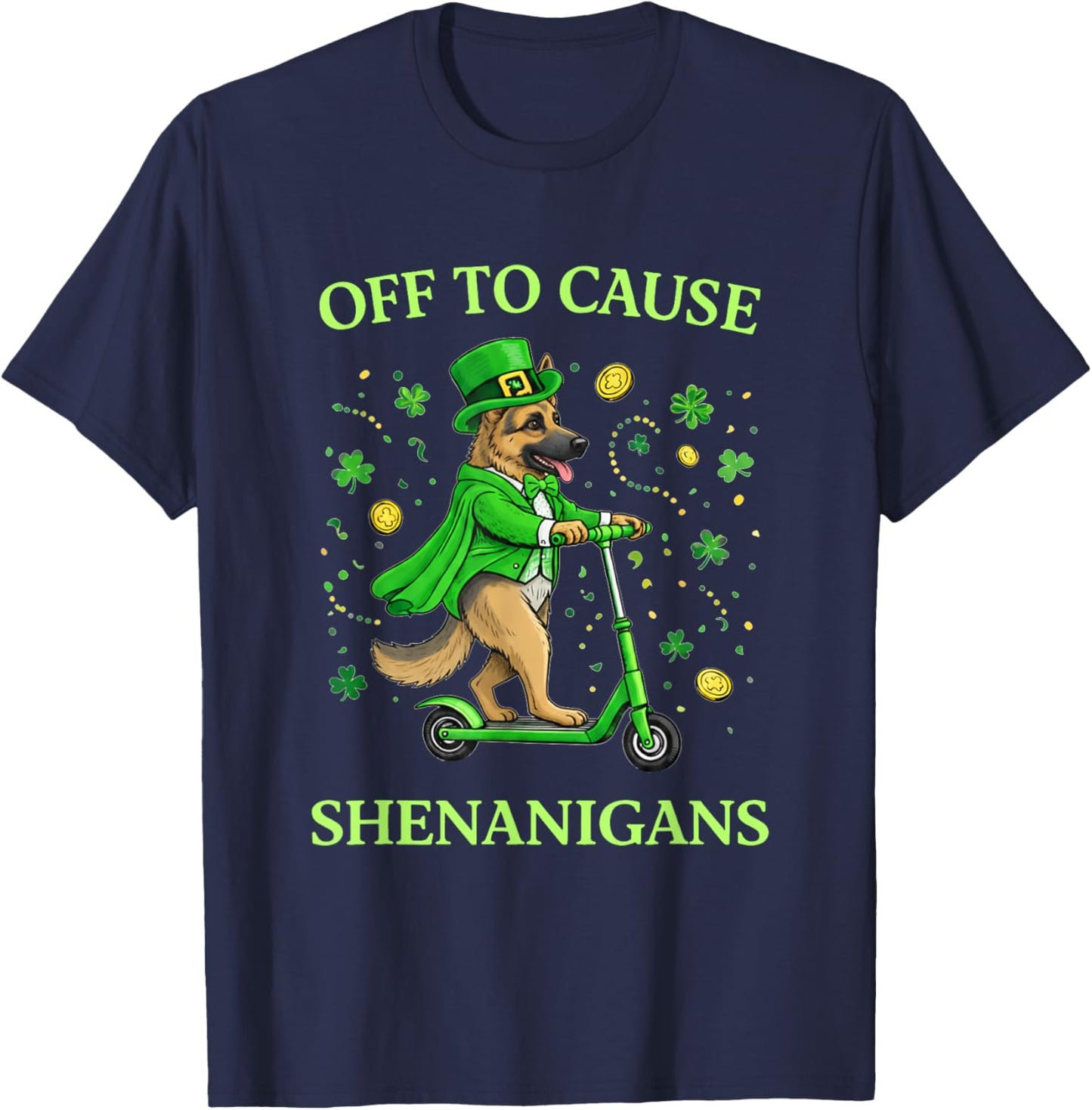 St Patrick Day German Shepherd Leprechaun Scooter Shenanigan T-Shirt - T-Shirt | Navy