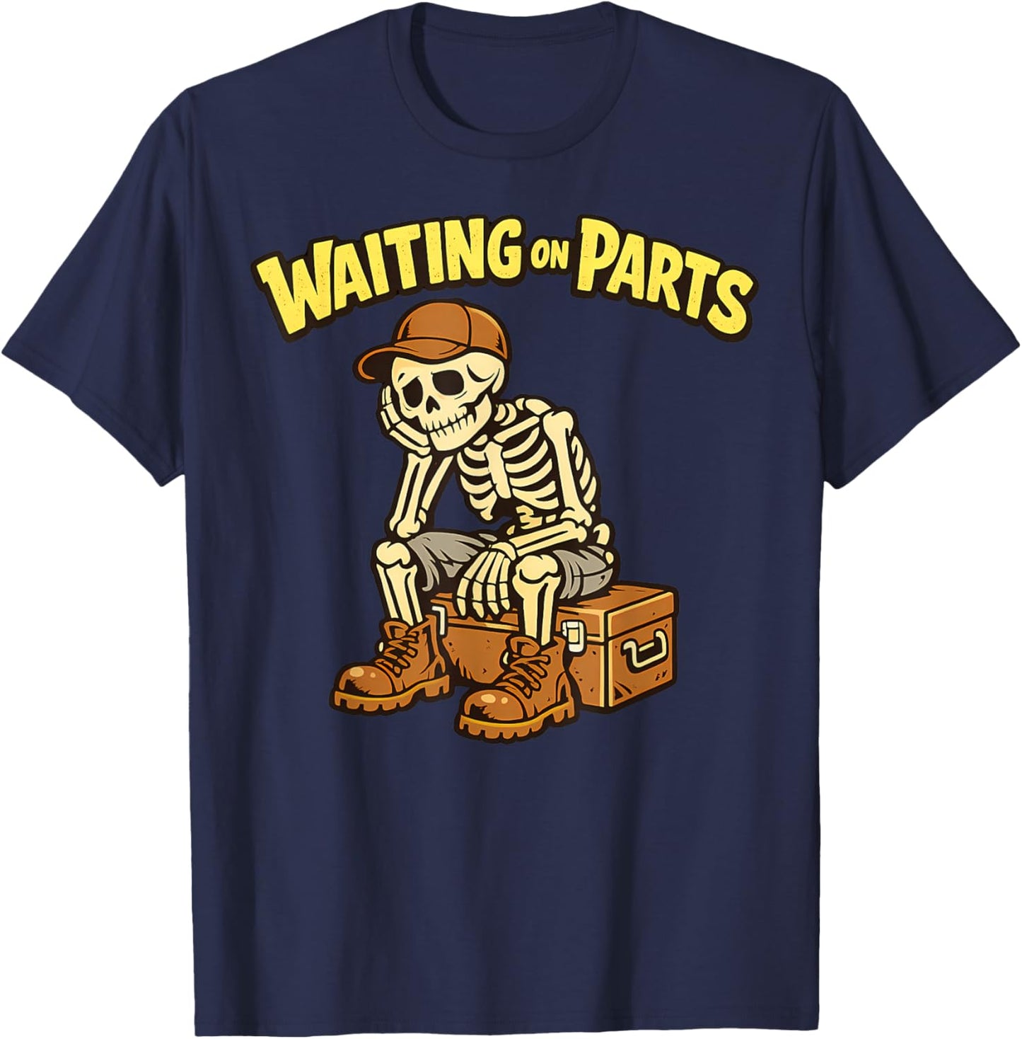 Waiting On Parts Auto Technician Skeleton Funny Mechanic T-Shirt - T-Shirt | Navy