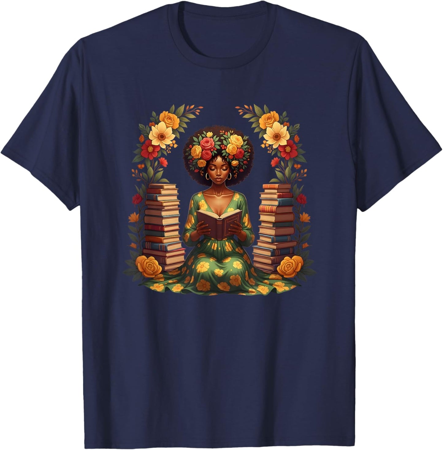 Educated Melanin Queen Afro Women Reading Book Black History T-Shirt - T-Shirt | Navy