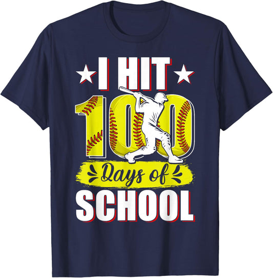 I Hit 100 Days of School Softball 100th Day of School Boys T-Shirt - T-Shirt | Navy