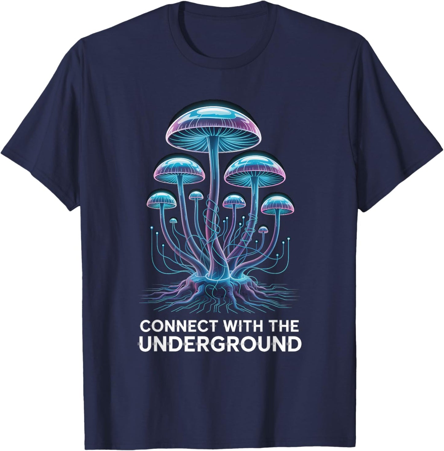 Luminous Cyber Mushroom Mycelium Network Tech Graphic T-Shirt - T-Shirt | Navy