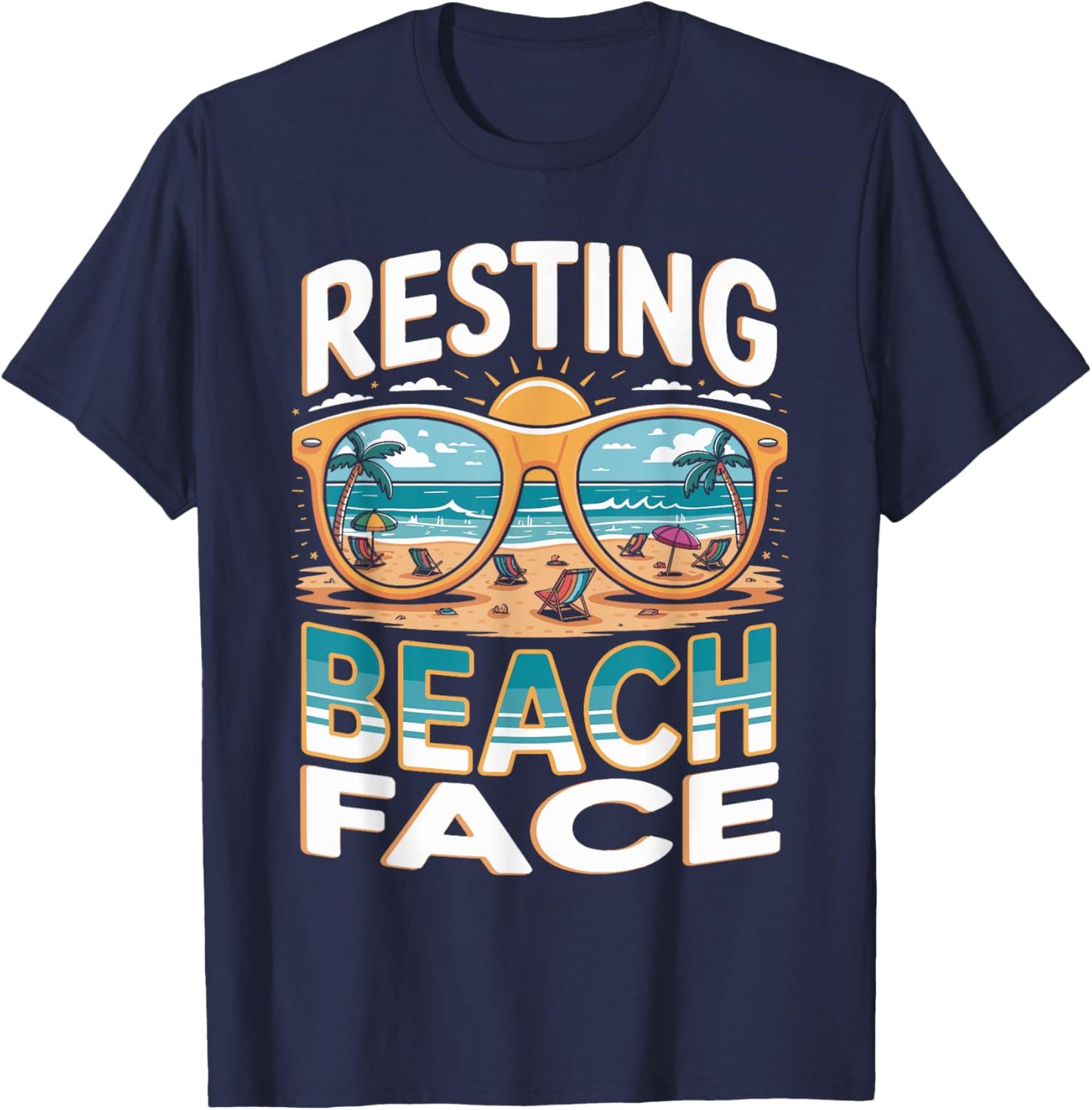 Resting Beach Face Palm Trees Ocean Retro Beach Summer T-Shirt - T-Shirt | Navy