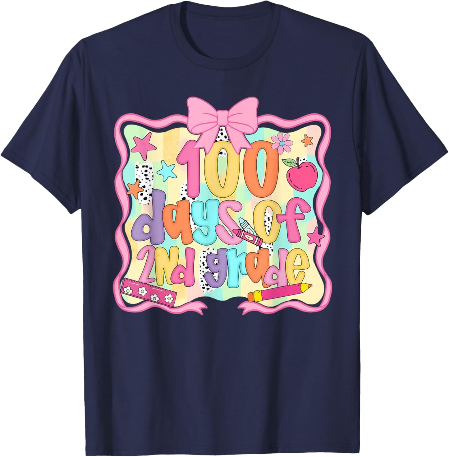 Preppy 100 Days of 2nd Grade Teacher Kids Coquette Bow T-Shirt - T-Shirt | Navy
