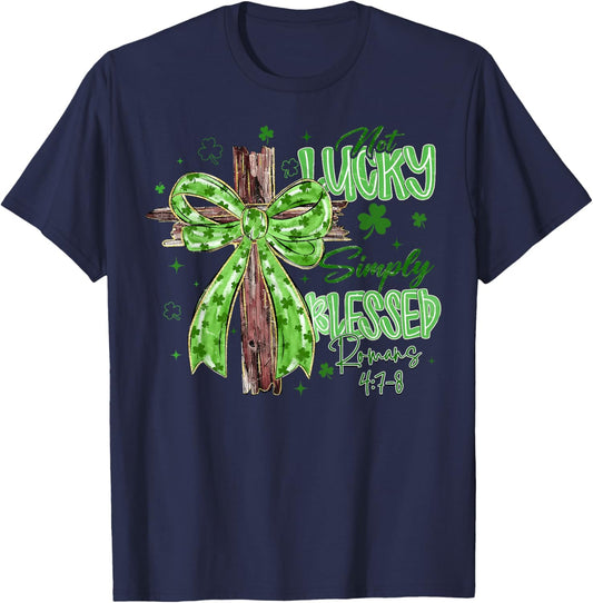 St Patrick's Day Not Lucky Simply Blessed Coquette Bow Cross T-Shirt - T-Shirt | Navy
