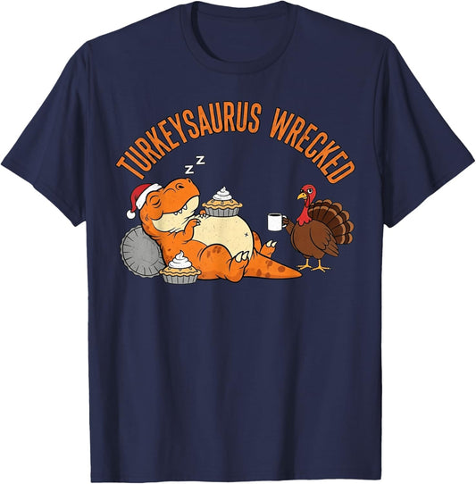 Turkeysaurus Wrecked Funny Dino Boys Thanksgiving T-Shirt - T-Shirt | Navy
