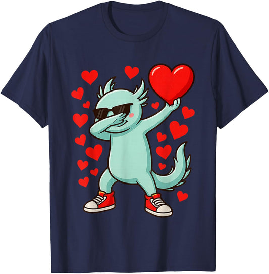 Dabbing Axolotl Heart Valentines Day As Girls Boys Kids T-Shirt - T-Shirt | Navy