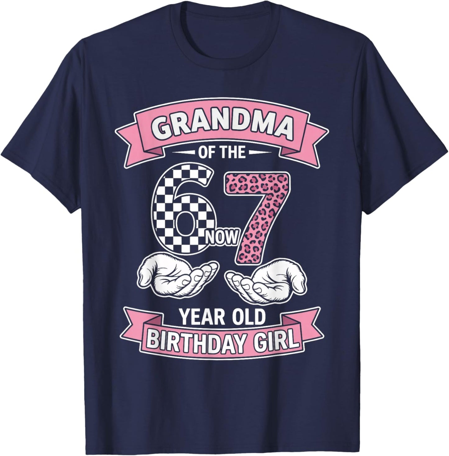 Grandma 67 Birthday 7 Years Old Ribbon Leopard Family T-Shirt - T-Shirt | Navy