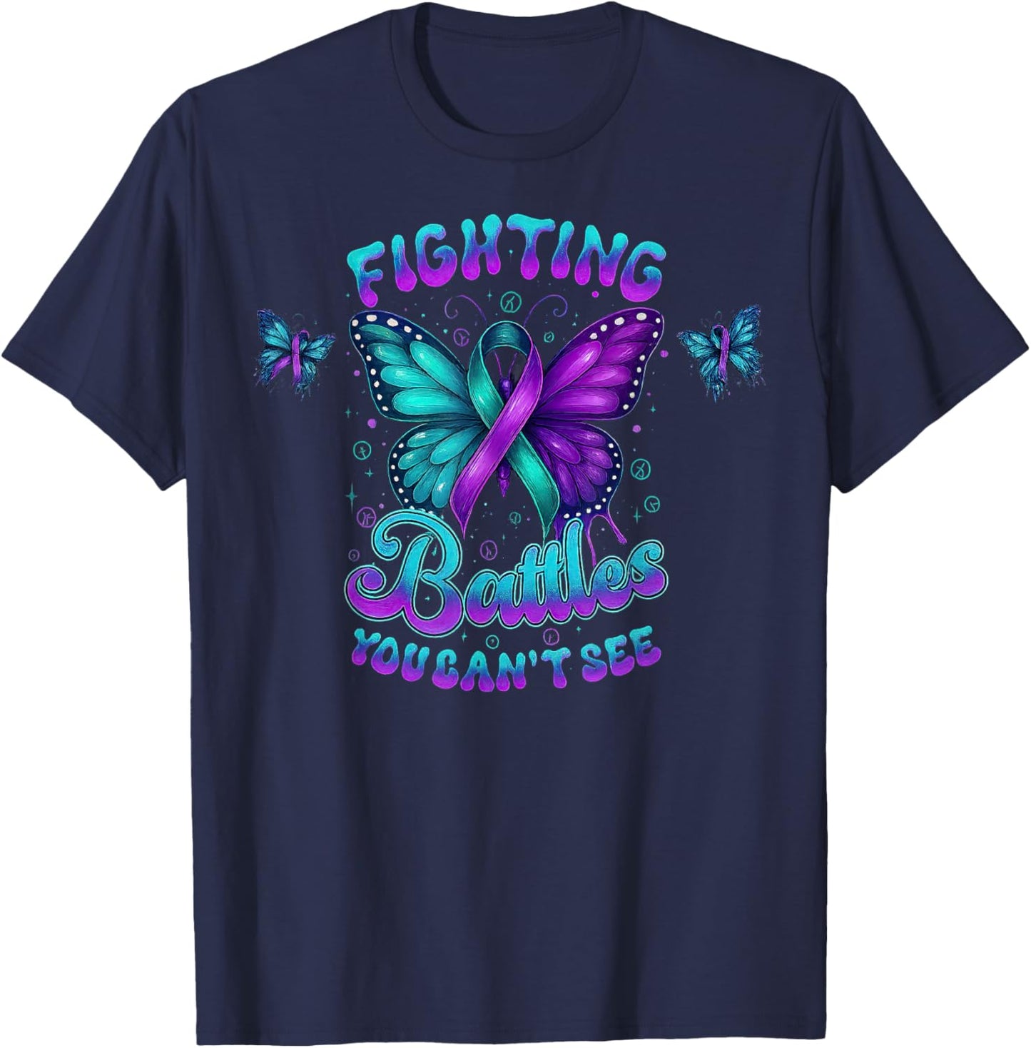 Fighting Battles You Can't See Awareness Butterfly Ribbon T-Shirt - T-Shirt | Navy