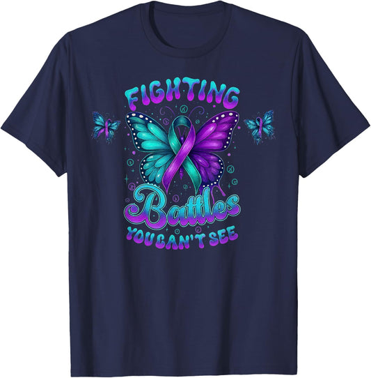 Fighting Battles You Can't See Awareness Butterfly Ribbon T-Shirt - T-Shirt | Navy