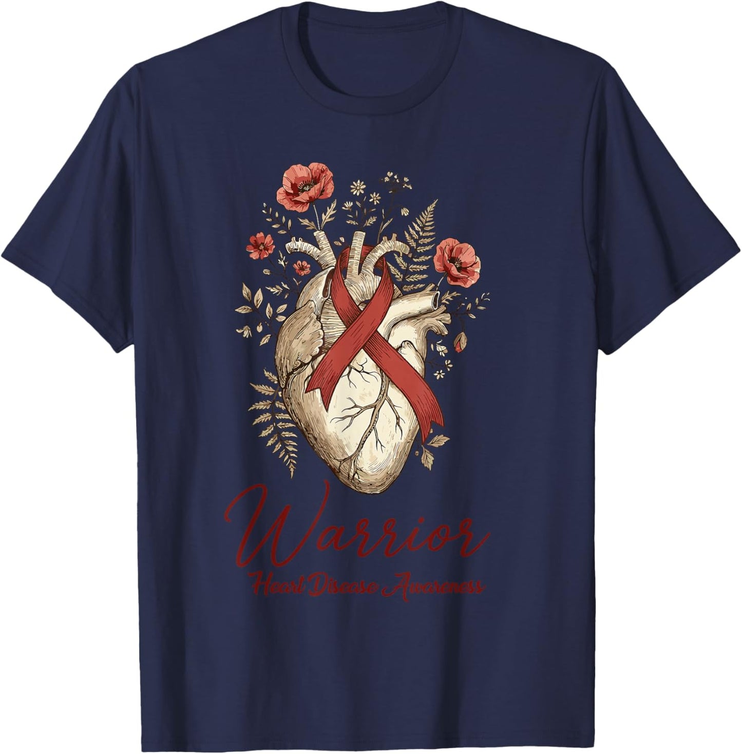 Heart Disease Awareness Warrior Anatomical Floral Ribbon T-Shirt - T-Shirt | Navy