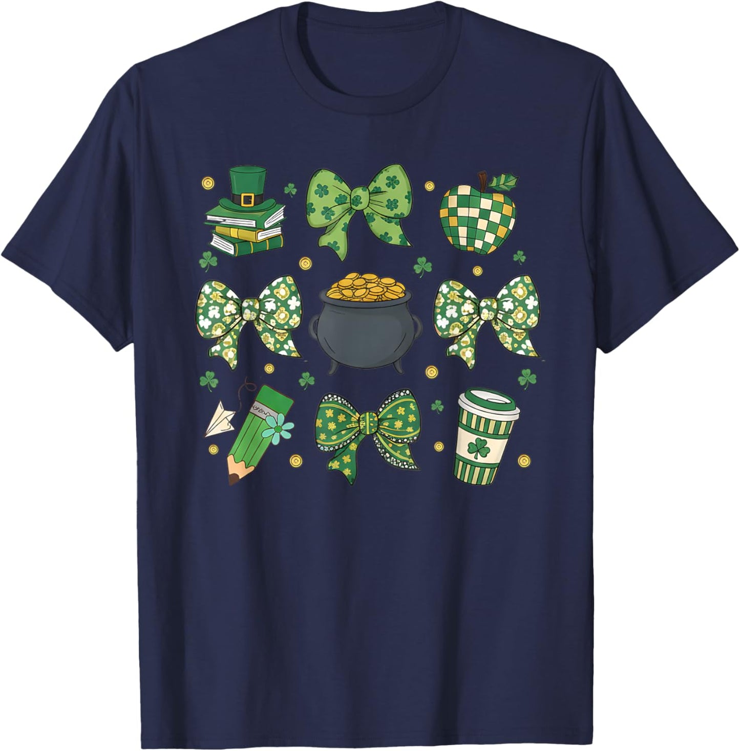 Lucky Teacher St Patricks Day Shamrock Coquette Bow Women T-Shirt - T-Shirt | Navy