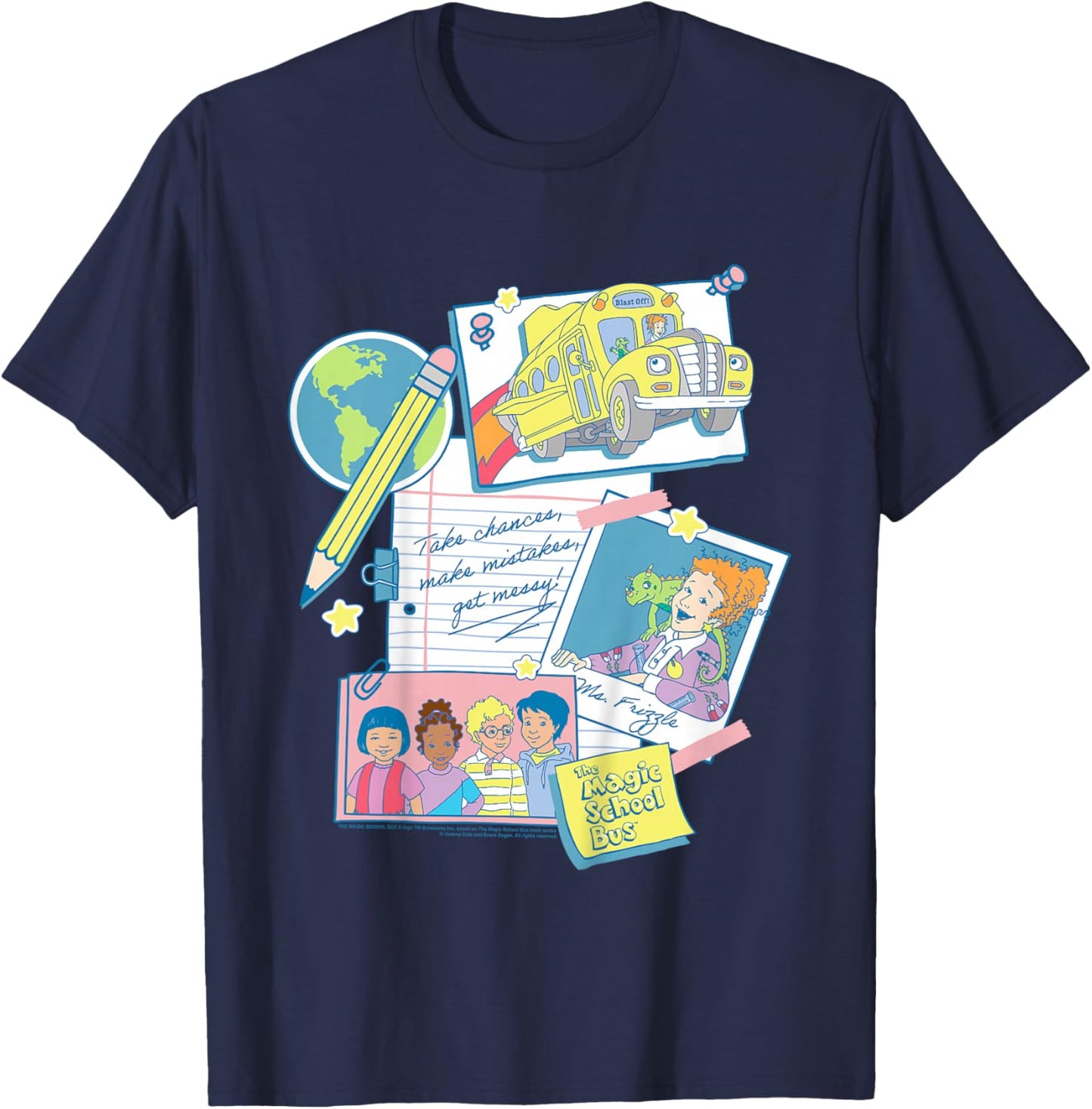 Kids The Magic School Bus Classroom Items Collage Retro Cartoon T-Shirt - T-Shirt | Navy