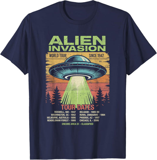 Alien Invasion Tour Dates Retro UFO Flying Saucer Vintage T-Shirt - T-Shirt | Navy