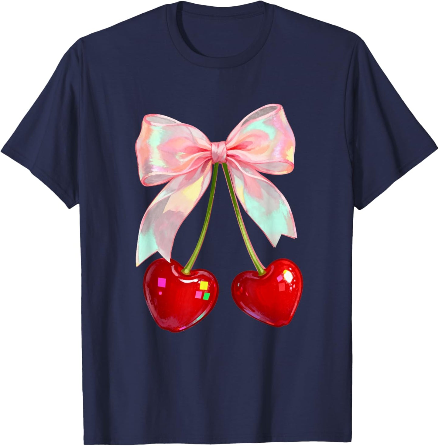 Coquette Bow Cherries Valentines Love Cherry Women Teen Girl T-Shirt - T-Shirt | Navy