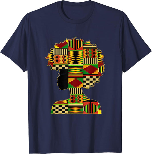 Black History Month Kente Afro Woman Girl African American T-Shirt - T-Shirt | Navy