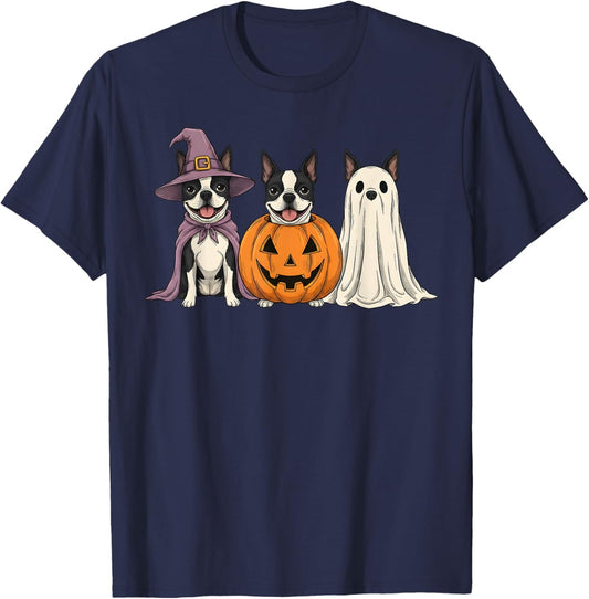 Spooky Ghost Boston Terrier Pumpkin Halloween Dog Lover T-Shirt - T-Shirt | Navy
