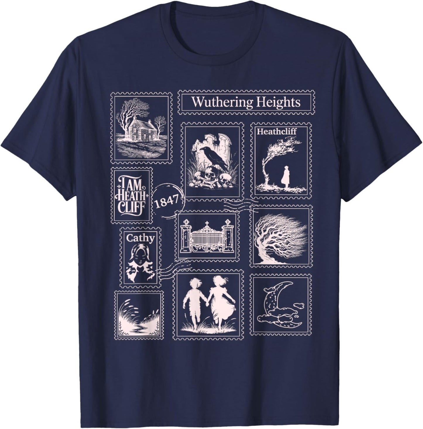 Wuthering Heights Gothic Book Lover Stamps T-Shirt - T-Shirt | Navy
