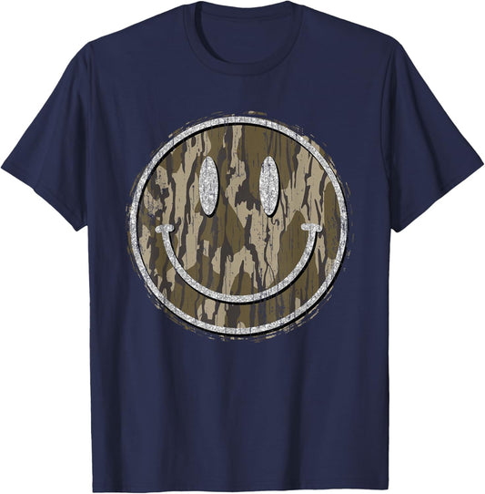 Vintage Hunting Camo Smile Face Camouflage Happy Smiling T-Shirt - T-Shirt | Navy